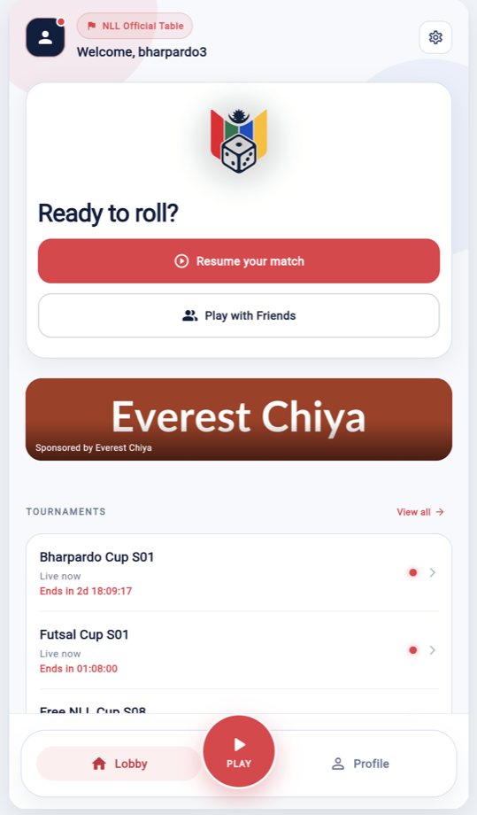 Nepal Ludo League app lobby listing live tournaments