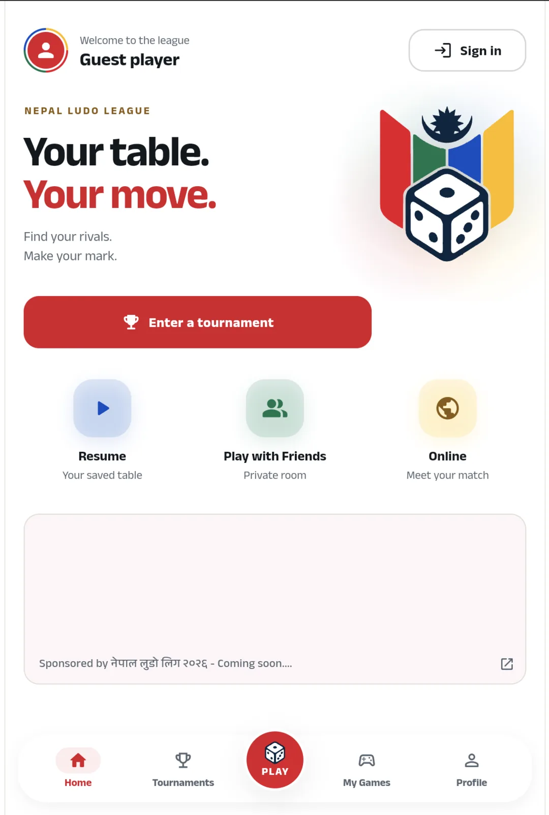 Nepal Ludo League app home screen with tournament entry, friendly match and online matchmaking options