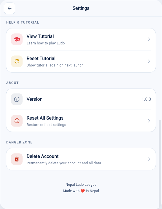 Settings screen showing the Danger Zone with the Delete Account option