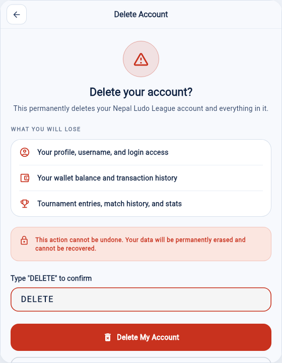 Delete Account screen with DELETE typed and the Delete My Account button enabled