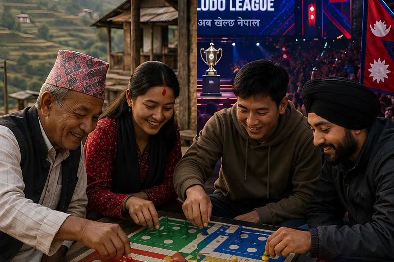 Nepali families playing Ludo at home and finalists competing on the Nepal Ludo League championship stage